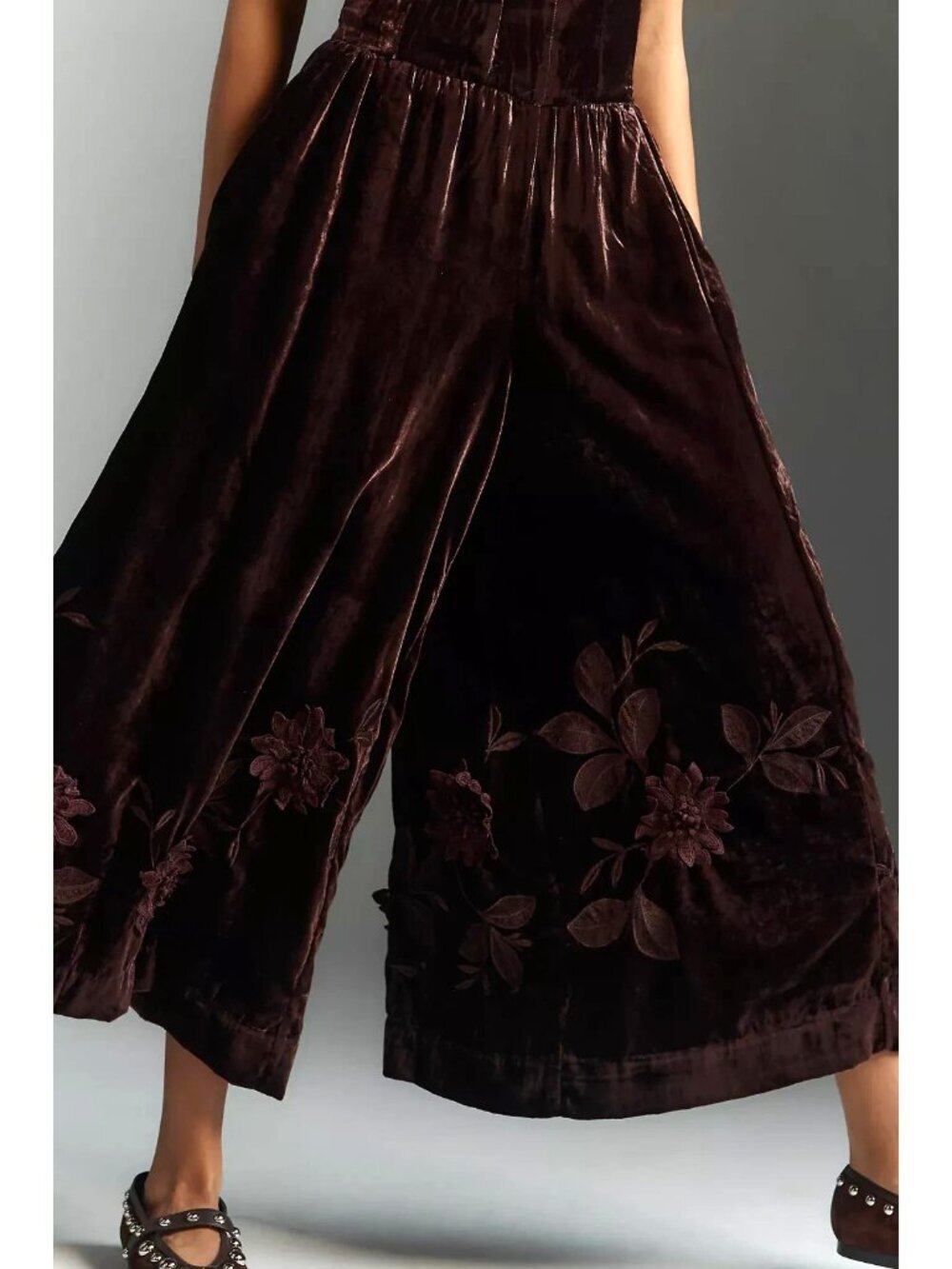 By Anthropologie 3D Floral Velvet Jumpsuit Brown 16 - Picture 4 of 4